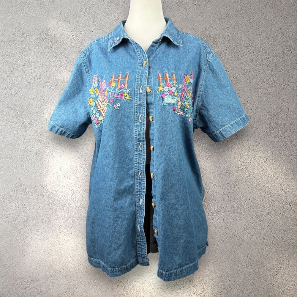 VTG Bobbie Brooks Embroidered Button Up Top Women's XL Denim Floral Cottage Fall